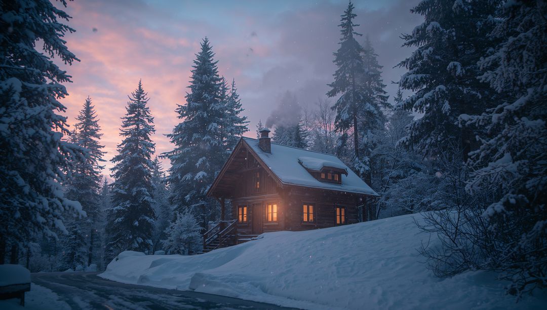 Glowing Wooden Cabin Nestled on Snowy Hillside at Twilight With Warm Lit Windows in Winter Forest