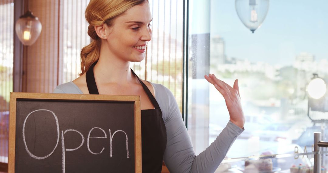 Smiling Barista Holding Open Sign in Bright Cafe