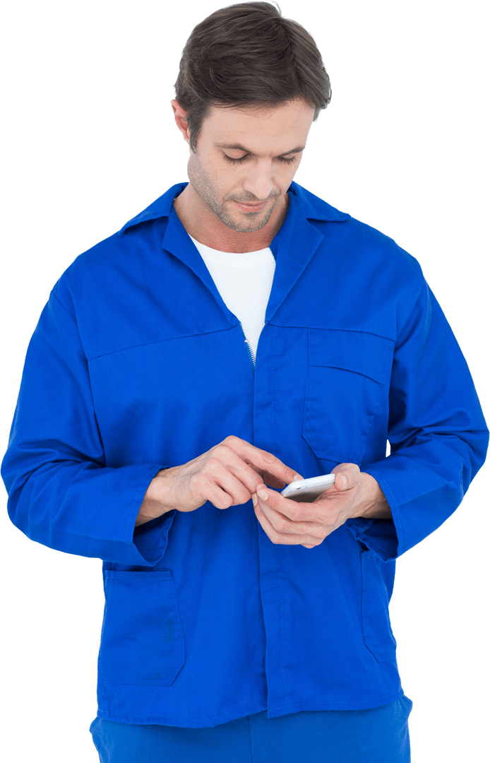 Handsome Mechanic Using Mobile Phone Transparent Background