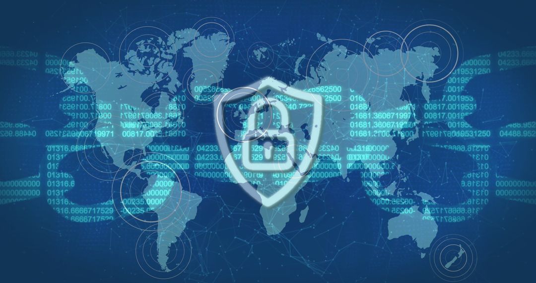 Cybersecurity Lock Icon Over World Map with Digital Data
