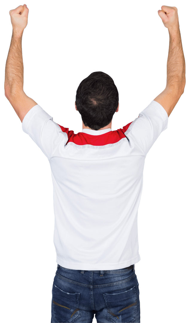 Transparent Cheering Football Fan Facing Away with Raised Arms