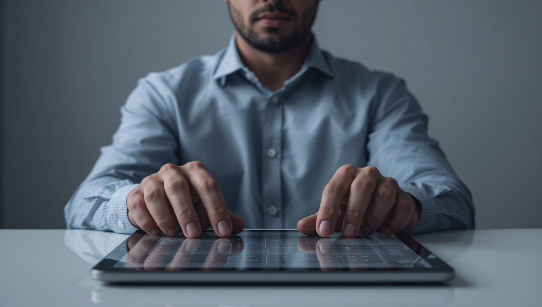 Businessman Interacting with Tablet in Modern Office Environment