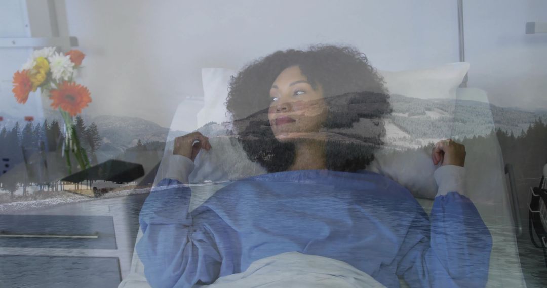 Patient Resting Contemplating Recovery with Mountain Lake Double Exposure for Healthcare