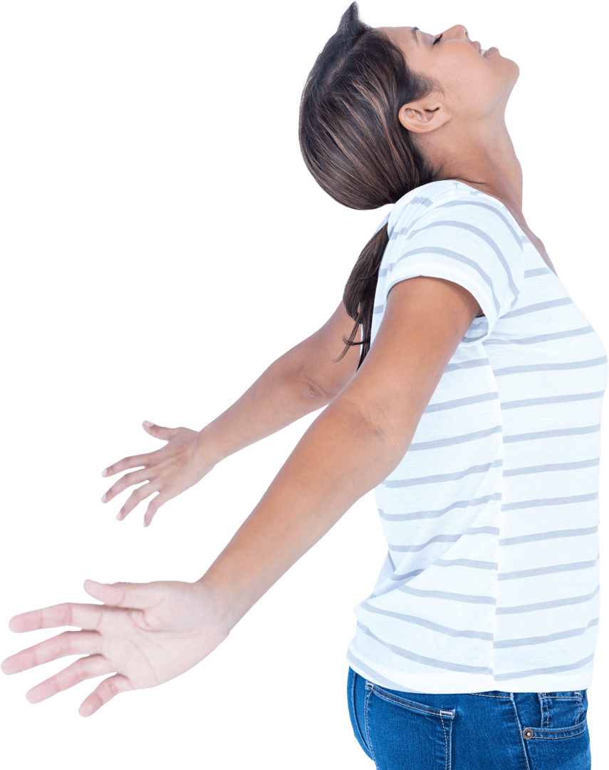 Transparent Joyful Woman Stretching Arms Open in Freedom