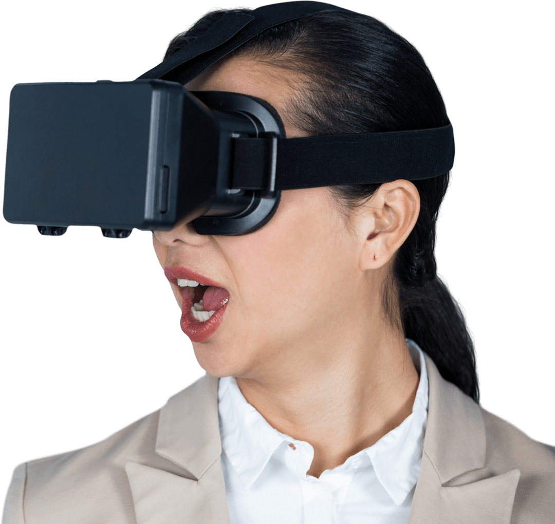 Excited Businesswoman Experiencing Virtual Reality with Transparent Background