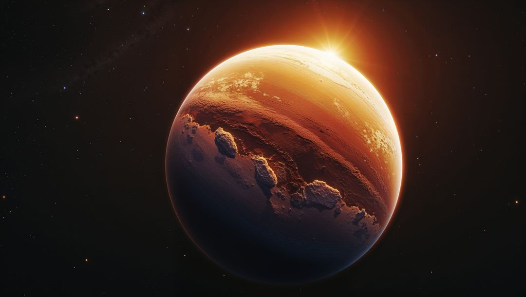 Rocky planet  venus orbiting star with galactic backdrop in deep space