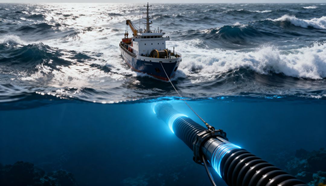 Offshore support vessel towing illuminated subsea cable through turbulent ocean waves