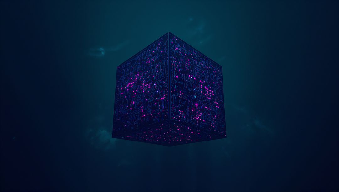 Floating Futuristic Cube with Circuit Patterns and Purple Nodes