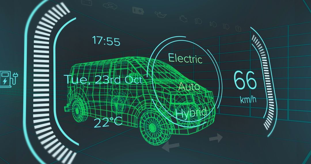Futuristic 3D Digital Interface Displaying Hybrid Electric Car Data