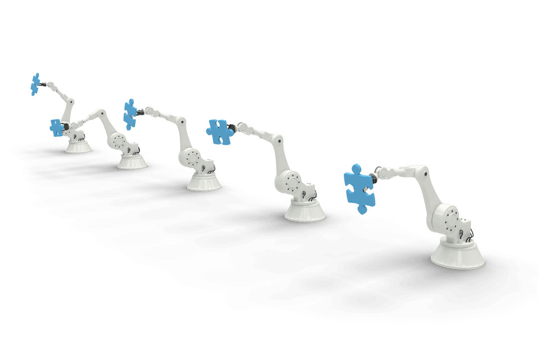 Robot Arms Holding Puzzle Pieces on Transparent Background