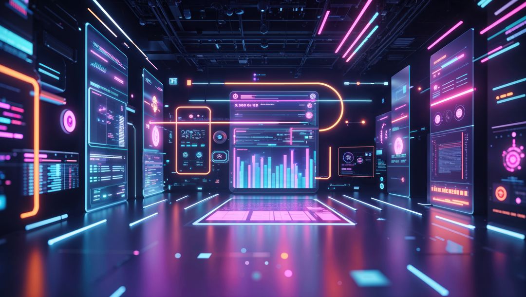 Futuristic Data Hub with Holographic Bar Chart and Neon Widgets