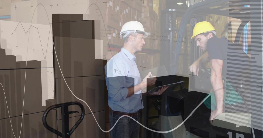 Warehouse Managers Discussing Logistics Insights on Tablet