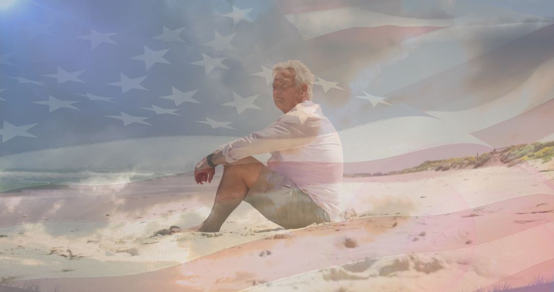 Senior Man Peacefully Reflecting on Beach Against US Flag Overlay