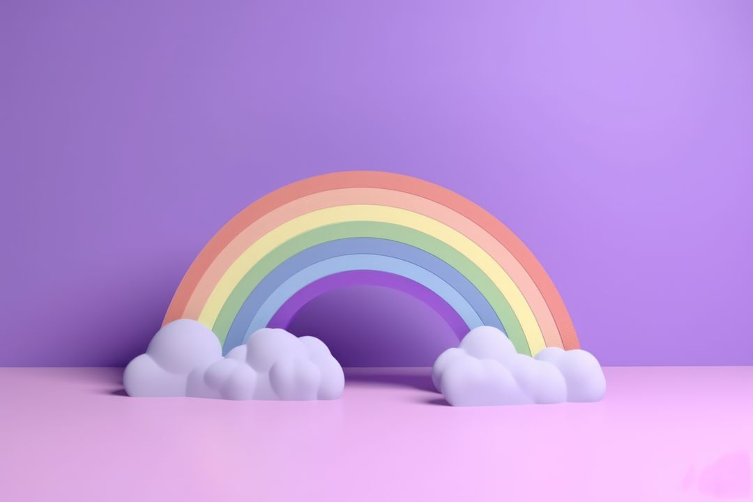 Colorful rainbow with white clouds on purple background created using generative ai technology - Free Images, Stock Photos and Pictures on Pikwizard.com