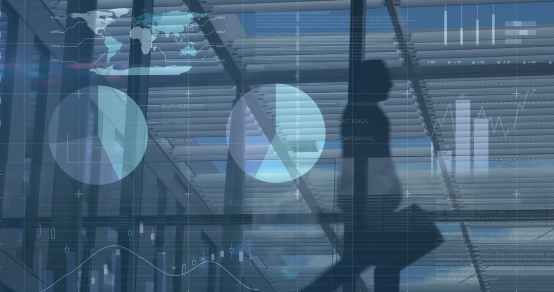 Businesswoman Walking with Digital Data Overlay in Modern Office