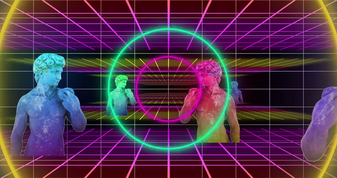 Neon-framed classical sculptures in abstract digital space
