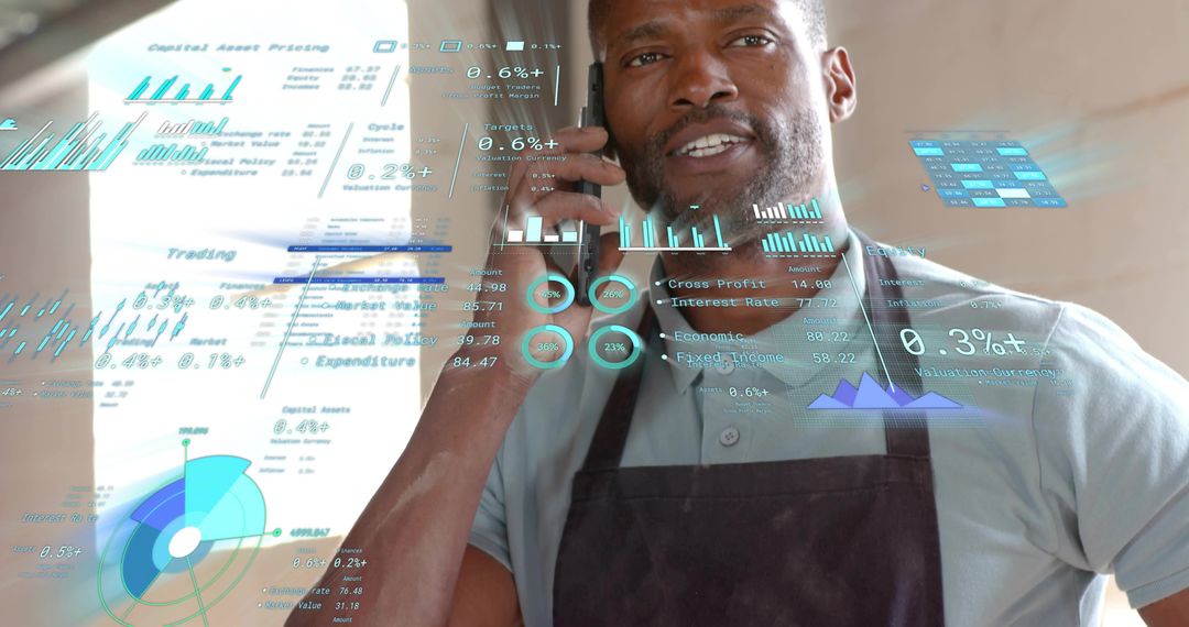 Barista Talking on Phone Analyzing Financial Charts with Augmented Reality Overlays in Café