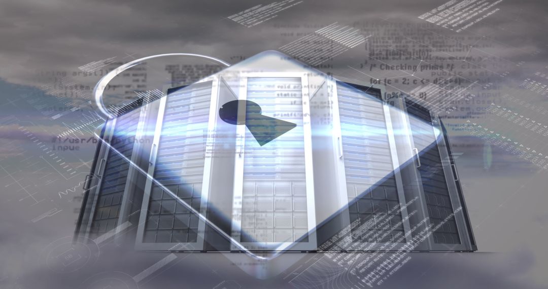 Data Security Concept with Server Room and Padlock Overlay