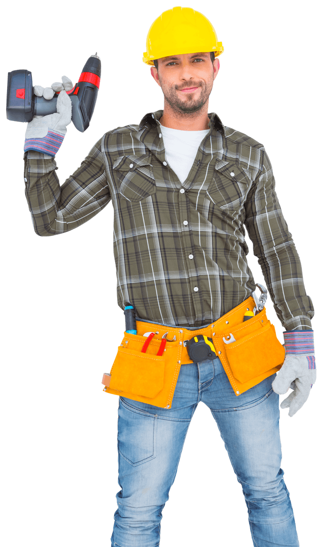 Handyman Wearing Tool Belt Holding Power Drill on Transparent Background