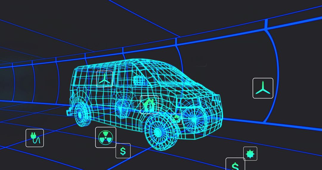 Neon Wireframe Van Navigating Virtual Tunnel with Floating Tech Icons and Holographic UI