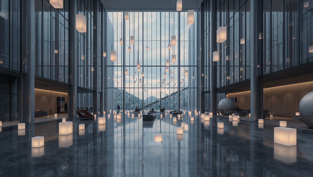 Showcasing modern glass atrium with hanging pendant lights, illuminated cube lamps, reflective floor