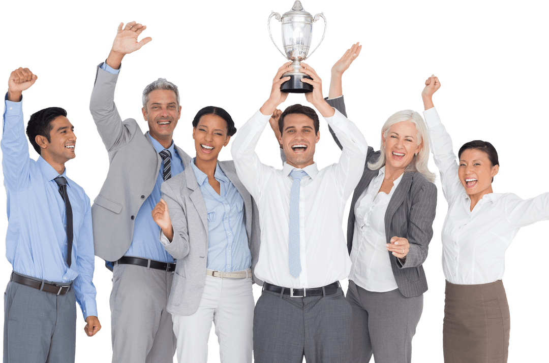 Happy Diverse Team Celebrating with Trophy on Transparent Background