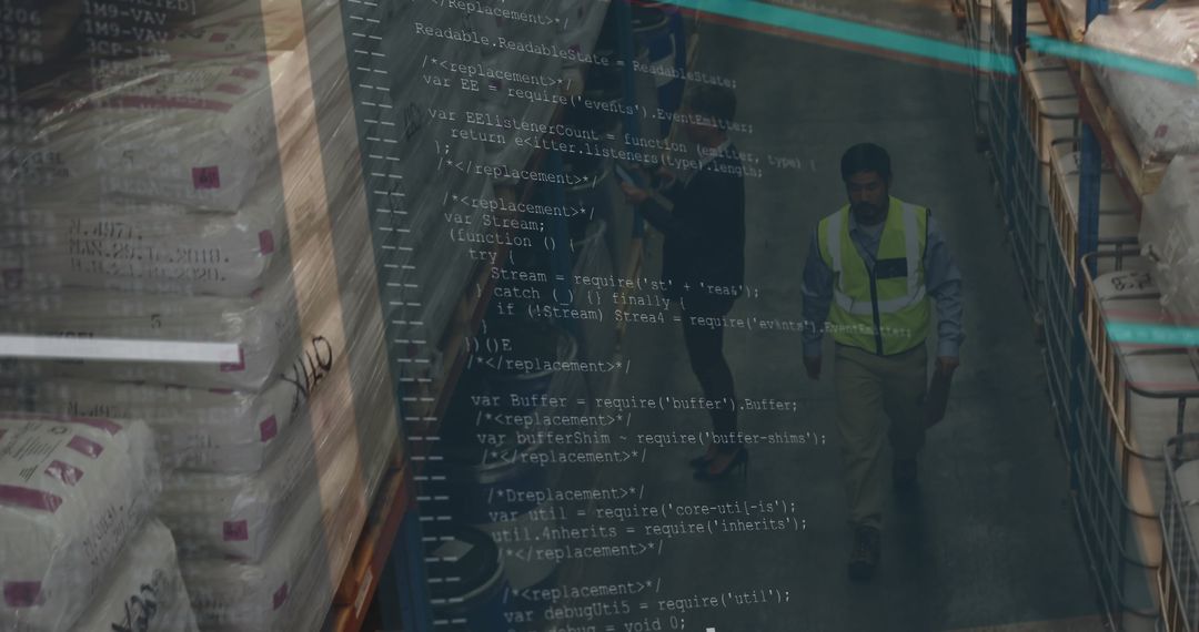 Warehouse Worker in Safety Vest Passing Inventory with Code Overlay