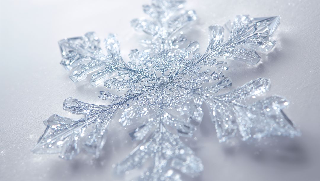 Glittering Crystal Snowflake Macro Closeup Resting on White Surface with Sparkling Ice