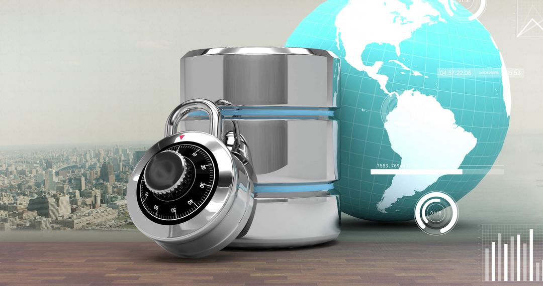 Data Security Concept with Padlock and Globe over Cityscape