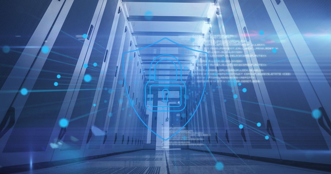 Cybersecurity Concept with Padlock Icon in Modern Server Room