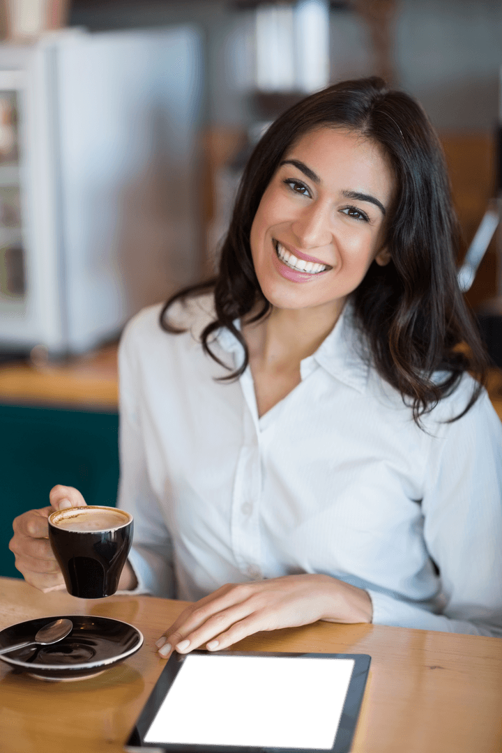Transparent Portrait of Happy Woman with Coffee in a Café