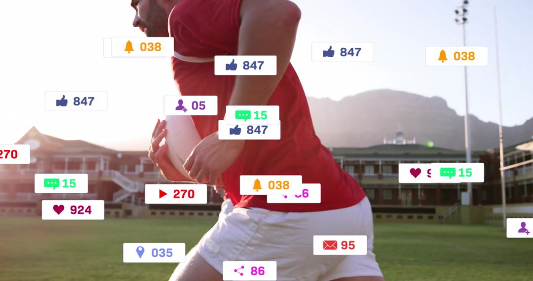 Rugby Player with Data Icons Overlay in Outdoor Field