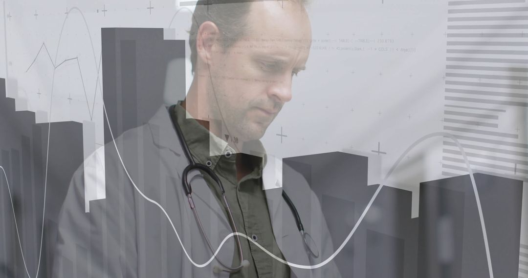 Doctor Analyzing Data with Stethoscope and Digital Overlay