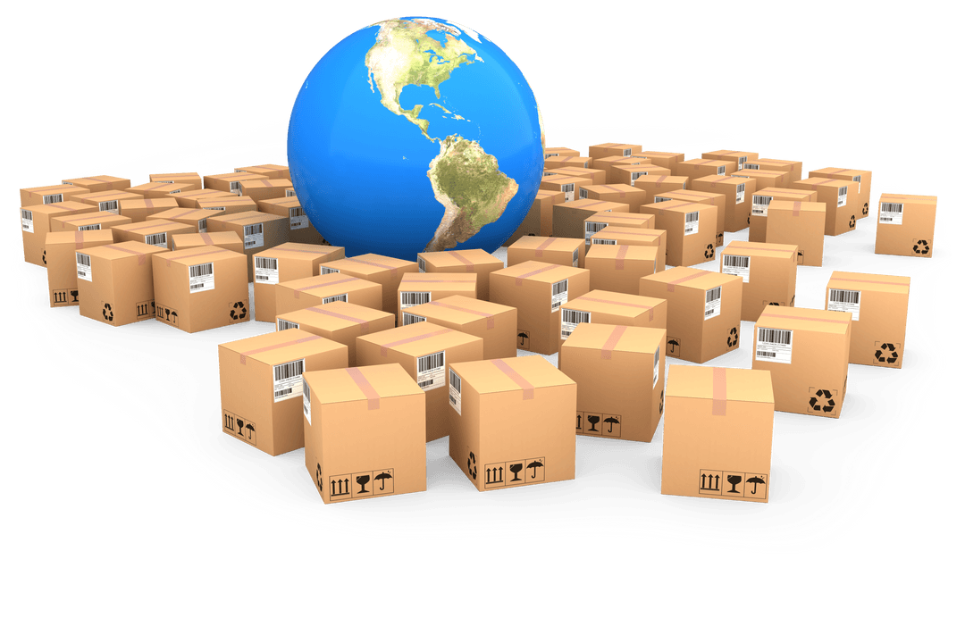 Global Commerce Icon with Boxes and Globe on Transparent Background