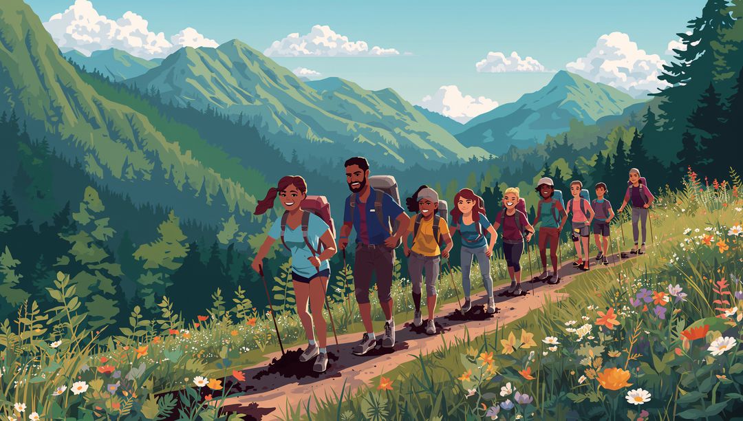 Group of Enthusiastic Hikers Trekking in Scenic Alpine Meadow