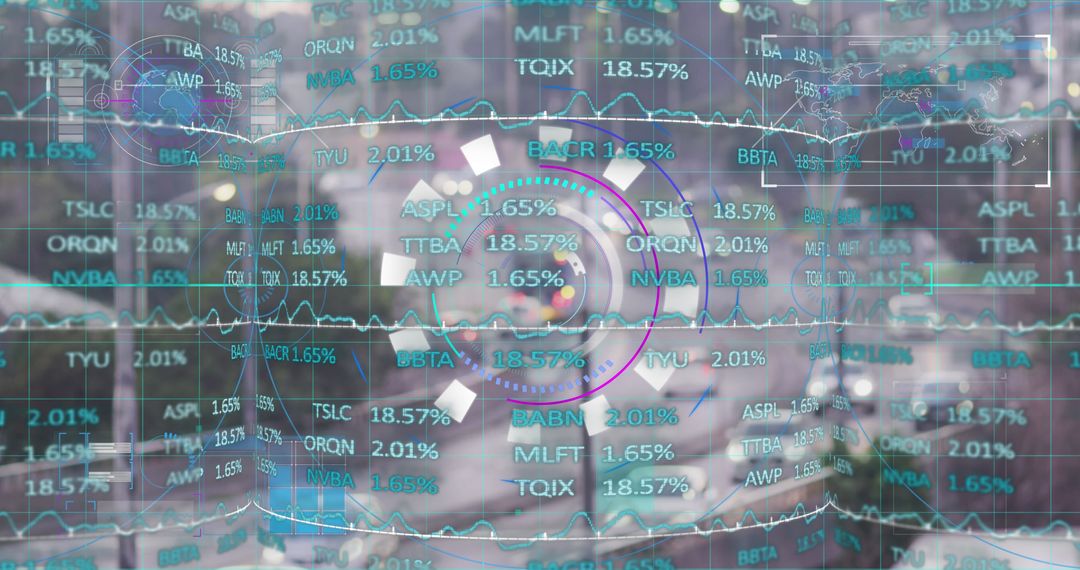 Digital Interface Overlay on Cityscape Illustrating Stock Market Activities