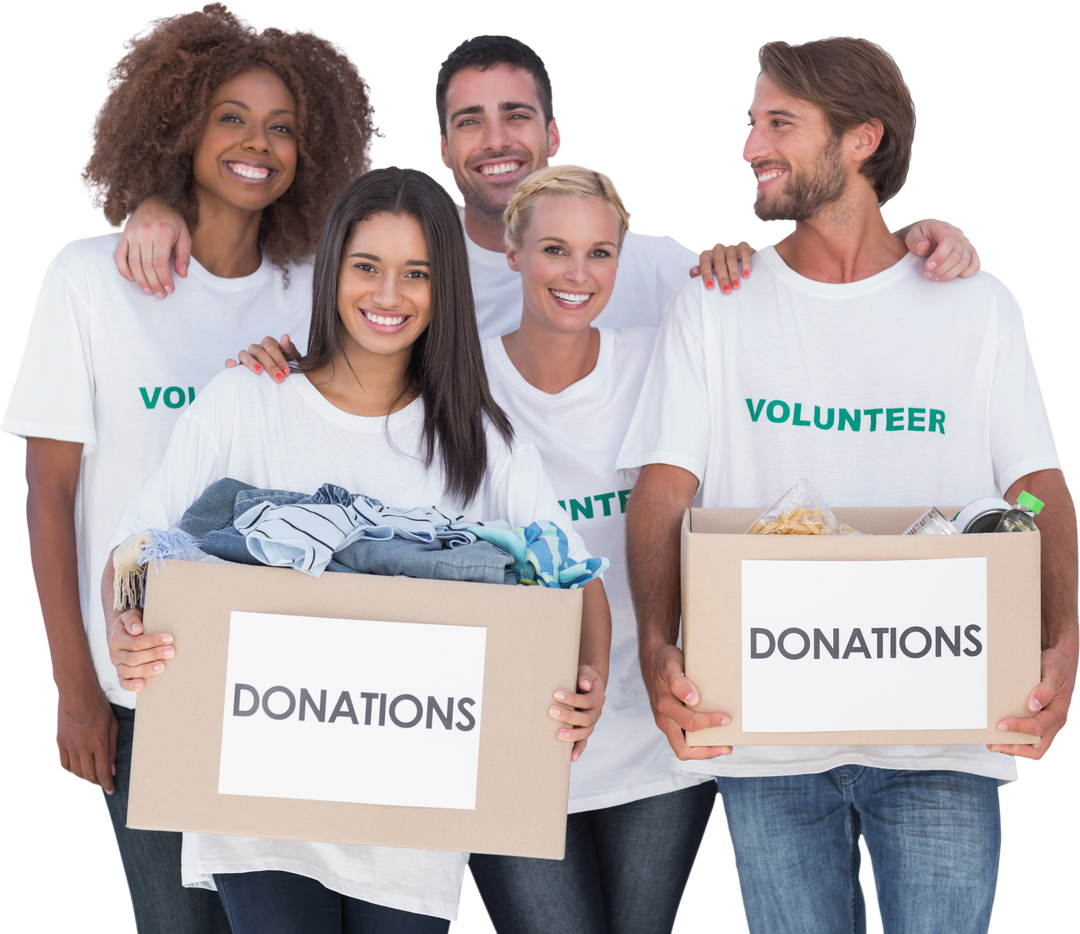 Happy Volunteers Holding Transparent Donations Boxes with Clothes and Items - Download Free Stock Images Pikwizard.com