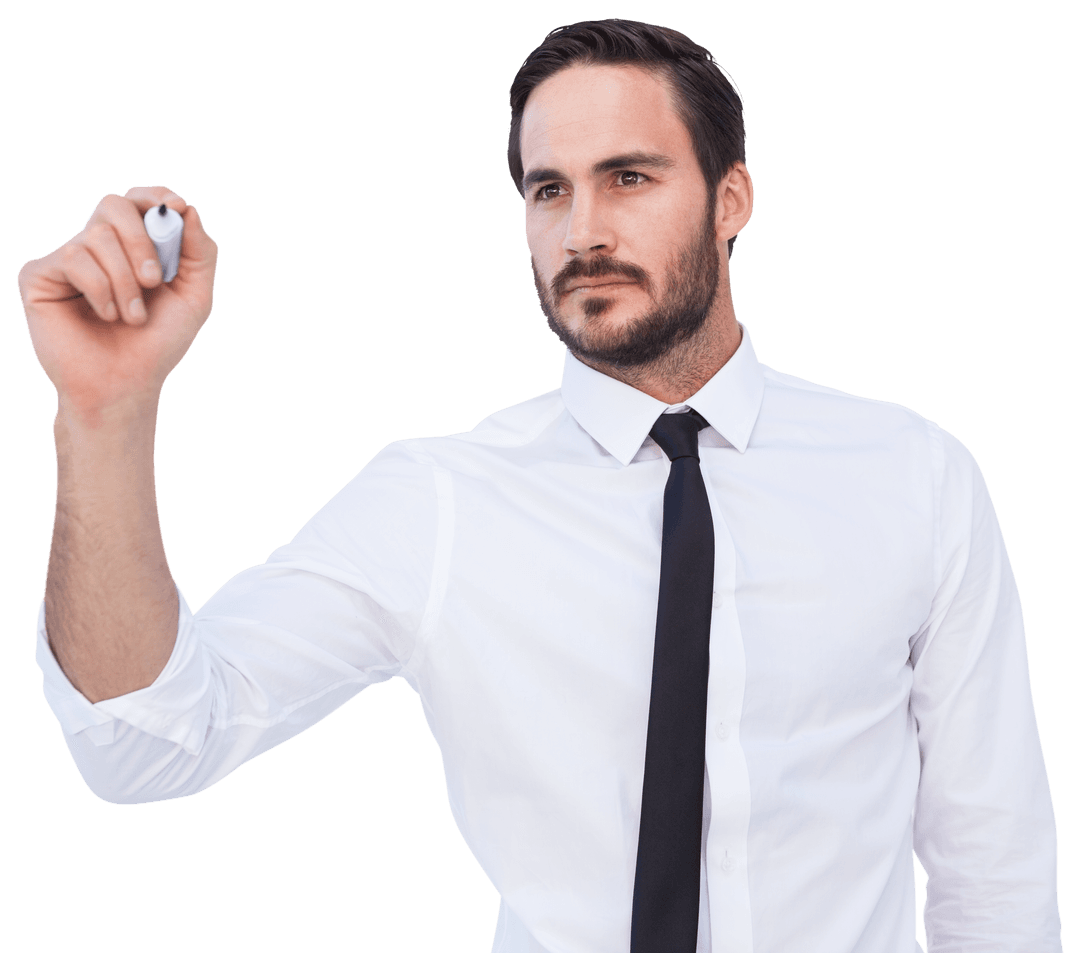 Transparent Confident Businessman Writing on Virtual Surface