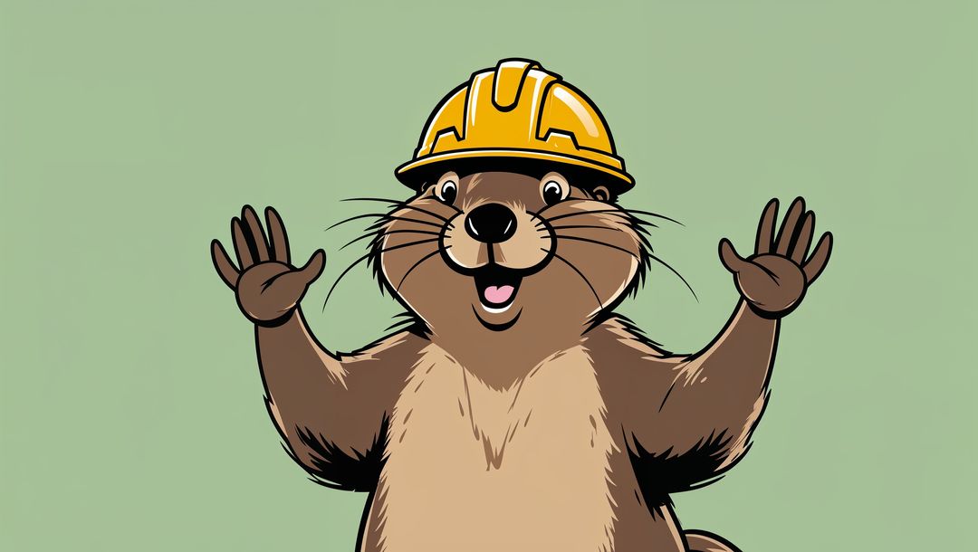 Cheerful cartoon beaver wearing yellow hard hat emphasizing safety