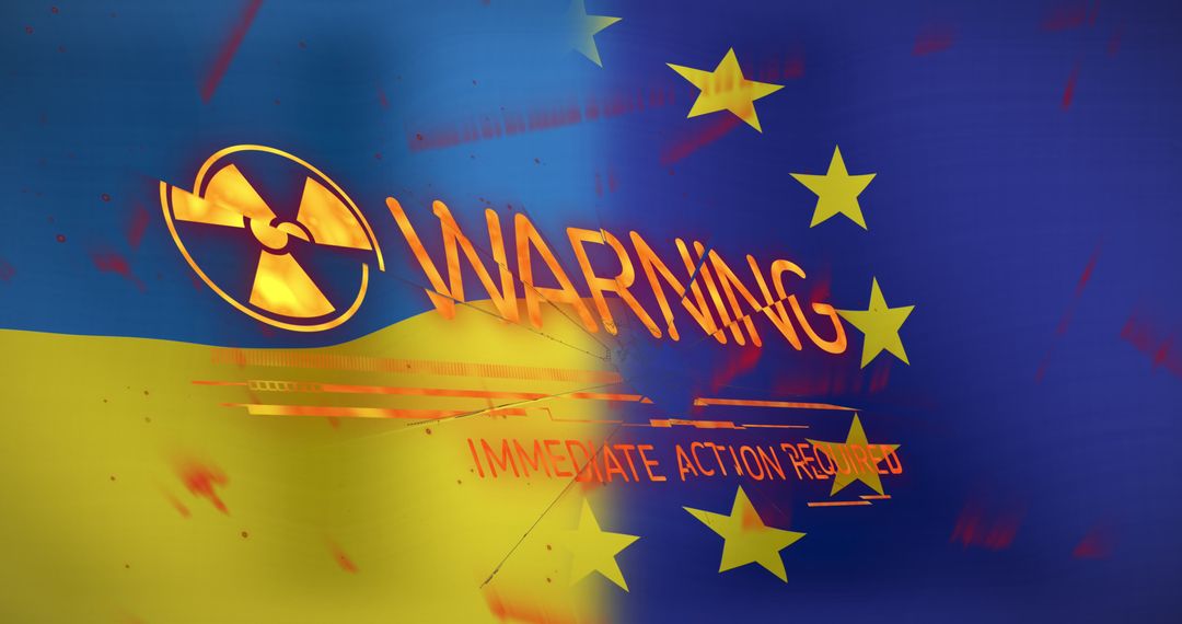 Digital Warning Symbol on Ukraine and EU Flags Represents International Crisis