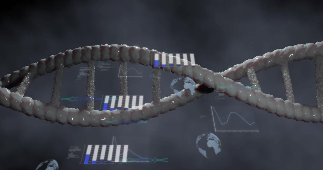 Digital DNA Strand with Data Charts on Dark Background