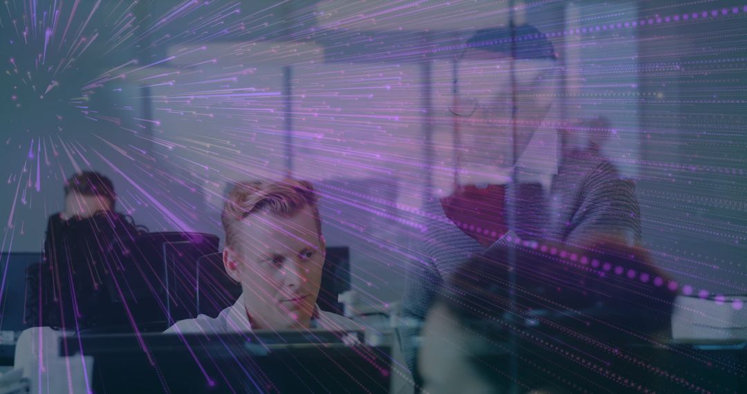 Modern Office Team Collaborating with Digital Overlays