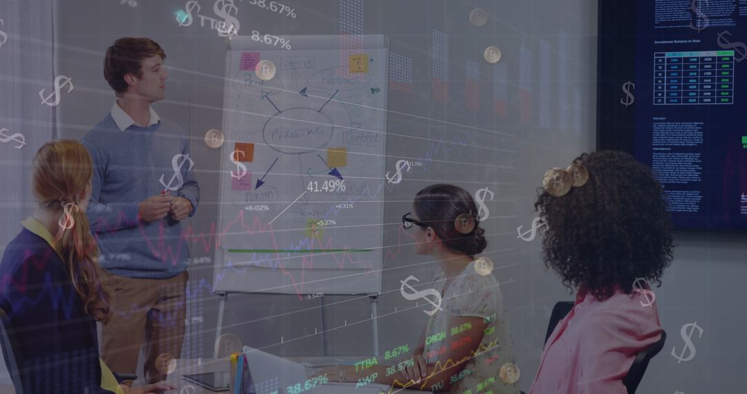 Diverse Team Analyzing Financial Data with Digital Interface Integration