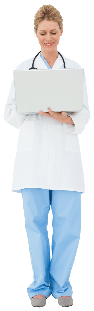 Blonde Doctor in White Coat Using Laptop on Transparent Background