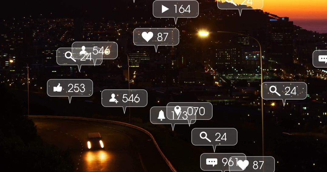 Surreal Digital Age City with Social Media Engagement Notifications