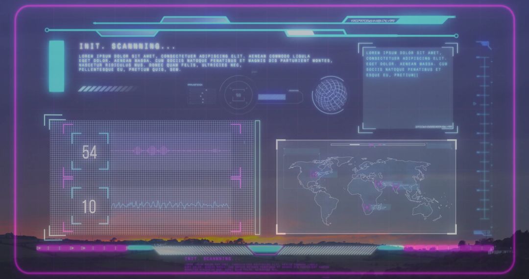 Futuristic Neon HUD Overlay on Scenic Sunset