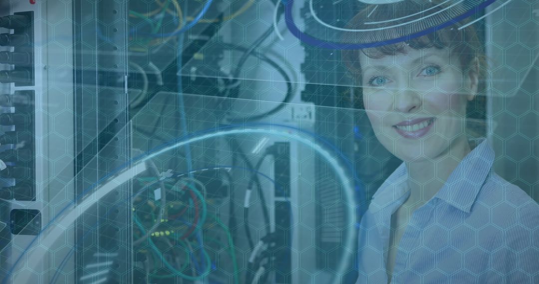 Smiling Businesswoman in Tech Environment with Digital Overlay