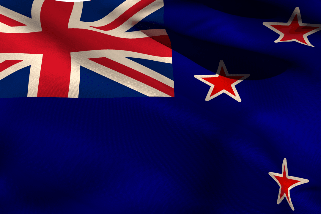 Close-Up of Waving New Zealand Flag on Transparent Blue Sky