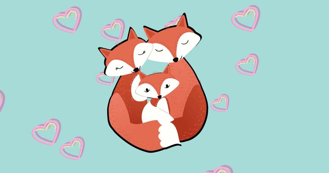 Illustrated Fox Family Embracing with Heart Motifs