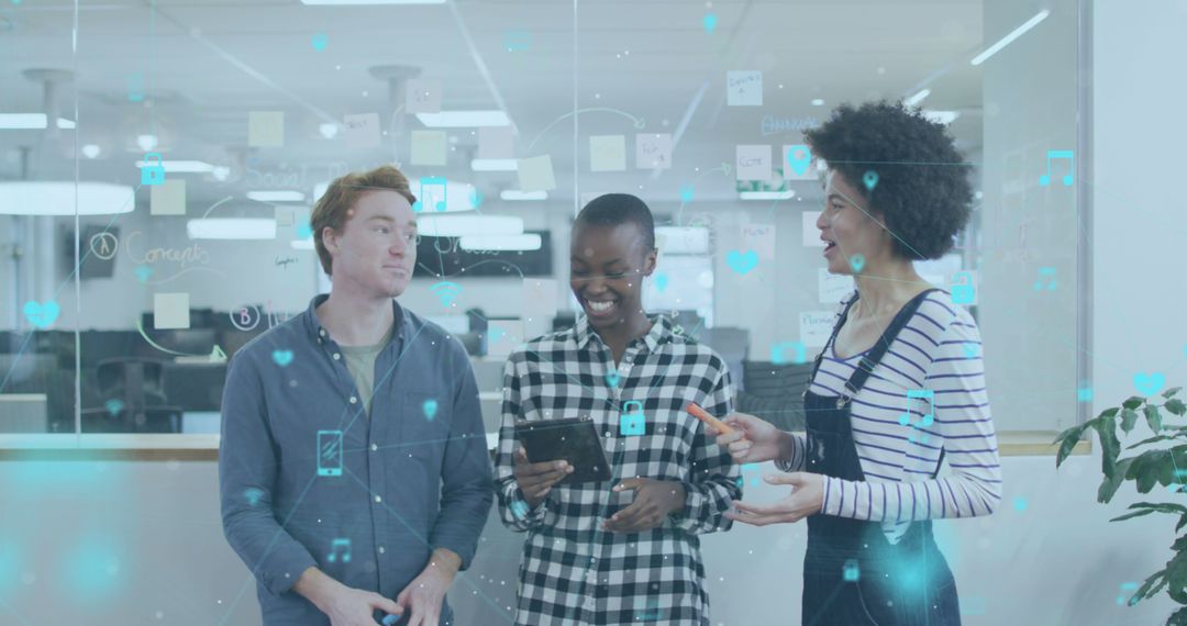 Diverse Colleagues Discussing Technology with Digital Network Overlay